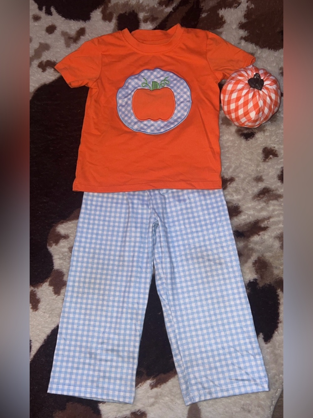Kids Orange Pumpkin Tee & Light Blue Gingham Pants fall/ pumpkin outfit set